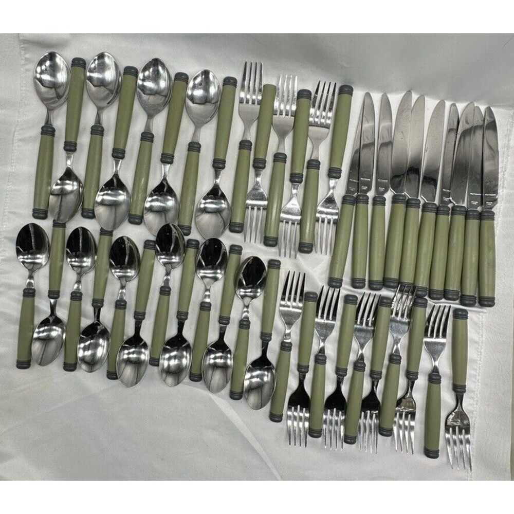 Pfaltzgraff SPHERE Stainless Plastic Charcoal Green Flatware Set Flaws 46 Pieces